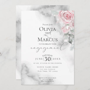 Blush Pink Rose Bouquet Pewter Watercolor Invitation