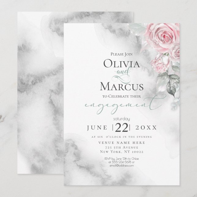 Blush Pink Rose Bouquet Pewter Watercolor Invitation (Front/Back)
