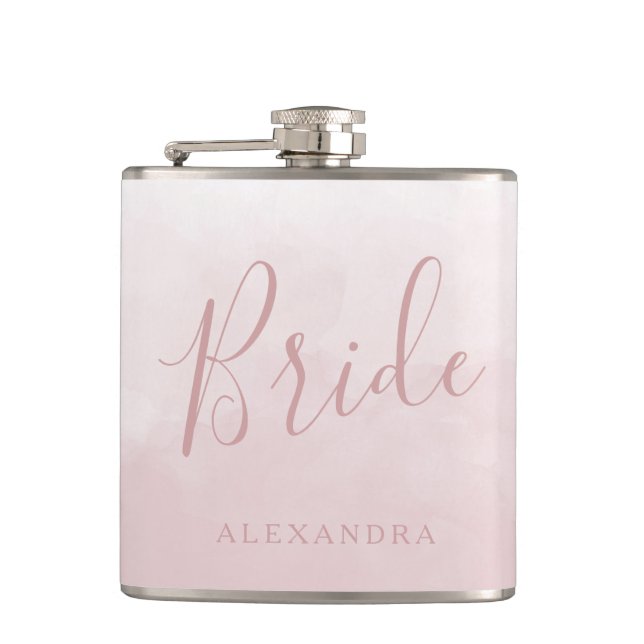 Blush Pink Rose Bride Wedding Favor Name Gift Flask (Front)