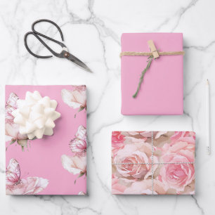 Blush Pink Rose Butterfly Birthday Wrapping Paper Sheets