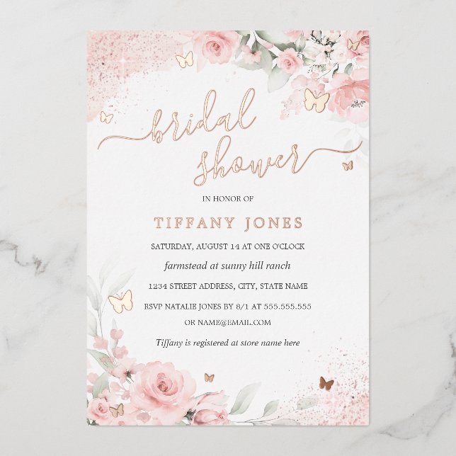 Blush Pink Rose Butterfly Floral Bridal Shower Foil Invitation (Front)