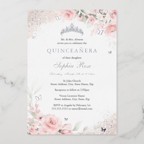 Blush Pink Rose Butterfly Silver Quinceanera Foil Invitation