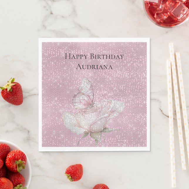 Blush Pink Rose Butterfly Sparkle Birthday Napkins (Insitu)