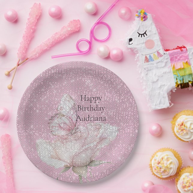 Blush Pink Rose Butterfly Sparkle Birthday Paper Plates (Party)