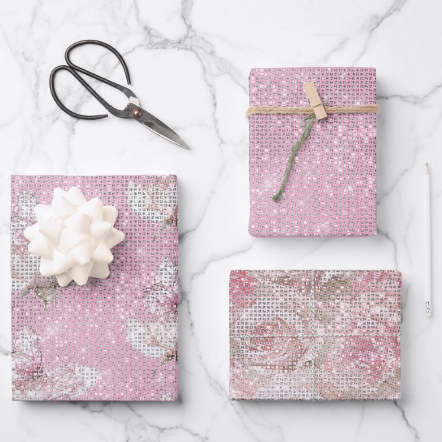 Blush Pink Rose Butterfly Sparkle Birthday Wrapping Paper Sheets (Front)
