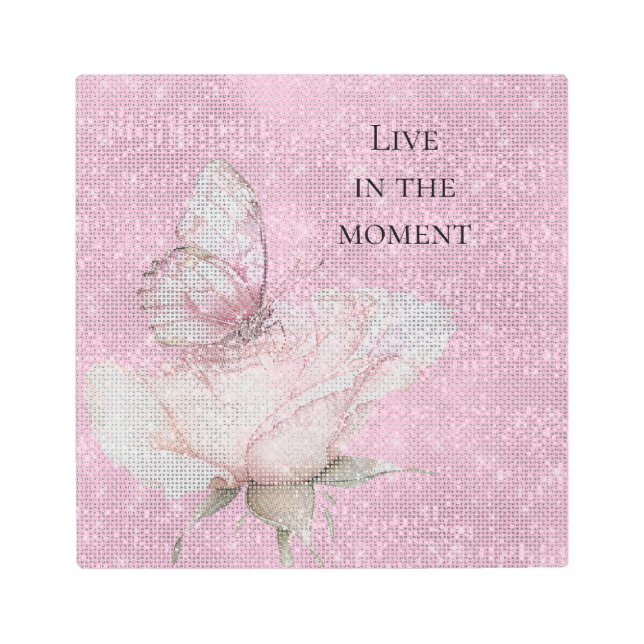 Blush Pink Rose Butterfly Sparkle   Metal Print (Front)