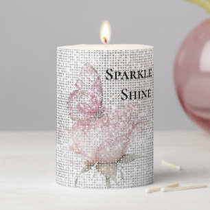 Blush Pink Rose Butterfly Sparkle Pillar Candle