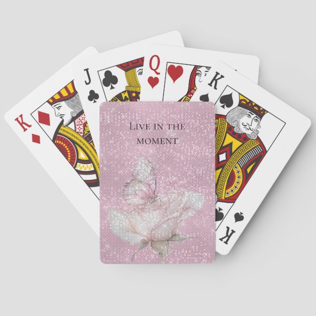 Blush Pink Rose Butterfly Sparkle Poker Cards (Back)