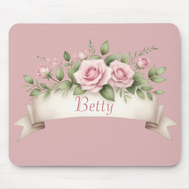 Blush Pink Rose Custom Name Mouse Pad (Front)