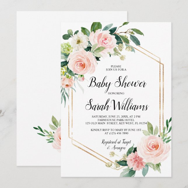 Blush Pink Rose Elegant Baby Shower Invitation (Front/Back)