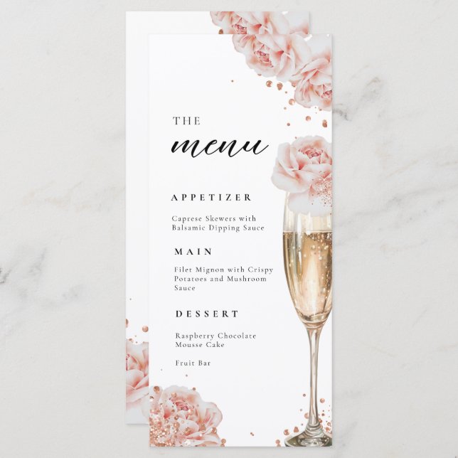 Blush Pink Rose Elegant Bridal Shower Menu (Front/Back)