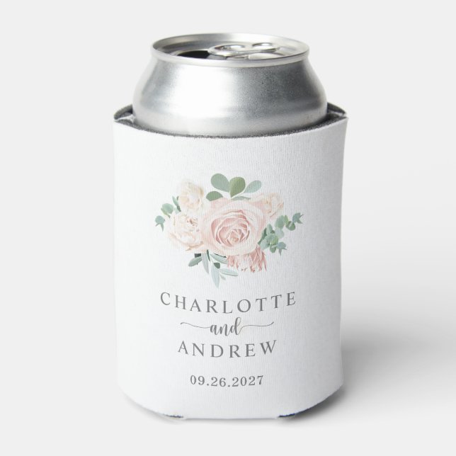 Blush Pink Rose Eucalyptus Wedding Favor Can Cooler (Can Front)
