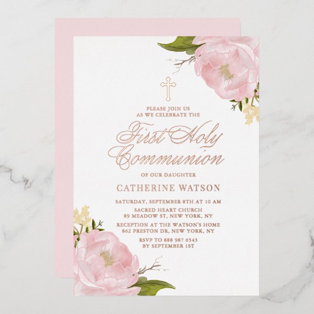 Blush Pink Rose First Holy Communion Rose Gold Foil Invitation (Front/Back)