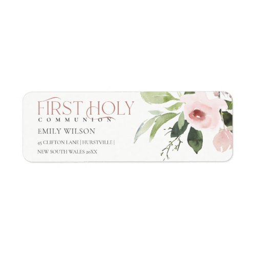 BLUSH PINK ROSE FLORA FIRST HOLY COMMUNION ADDRESS LABEL