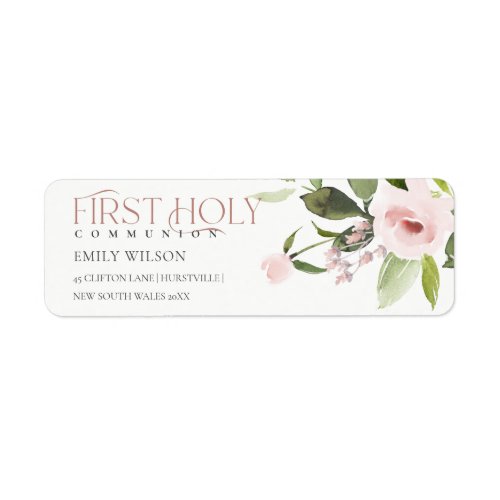 BLUSH PINK ROSE FLORA FIRST HOLY COMMUNION ADDRESS LABEL