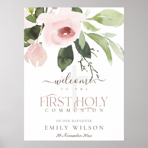 BLUSH PINK ROSE FLORA FIRST HOLY COMMUNION WELCOME POSTER