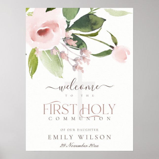 BLUSH PINK ROSE FLORA FIRST HOLY COMMUNION WELCOME POSTER (Front)