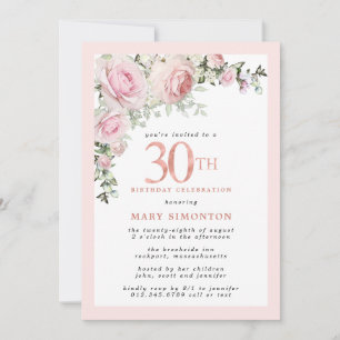 Blush Pink Rose Floral 30th Birthday Party Invitation