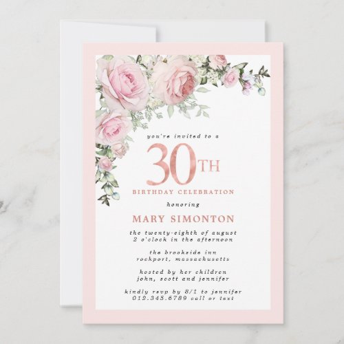 Blush Pink Rose Floral 30th Birthday Party Invitation
