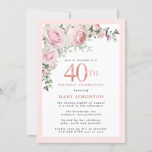 Blush Pink Rose Floral 40th Birthday Party Invitation