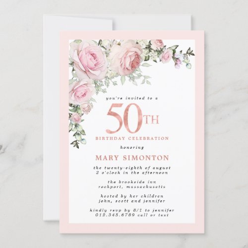 Blush Pink Rose Floral 50th Birthday Party Invitation
