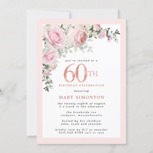 Blush Pink Rose Floral 60th Birthday Party Invitation