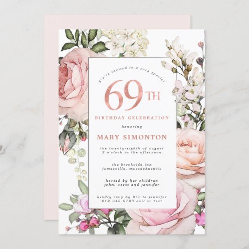 Blush Pink Rose Floral 69th Birthday Party Invitation
