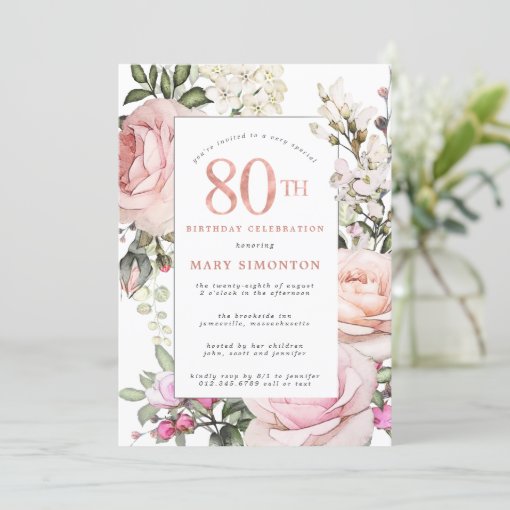 Blush Pink Rose Floral 80th Birthday Party Invitation | Zazzle