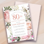 Blush Pink Rose Floral 80th Birthday Party Invitation<br><div class="desc">Honor a special woman with this elegant and feminine 80th Birthday party invitation. 80th is written in large rose pink text. Birthday celebration follows. The honored guest's name is also in pink capital letters. The remainder of the text is soft dove grey. The 80th birthday celebration details are surrounded by...</div>