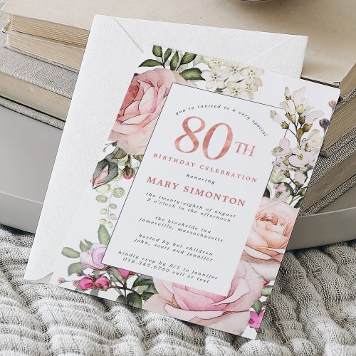 Blush Pink Rose Floral 80th Birthday Party Invitation