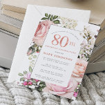 Blush Pink Rose Floral 80th Birthday Party Invitation<br><div class="desc">Honor a special woman with this elegant and feminine 80th Birthday party invitation. 80th is written in large rose pink text. Birthday celebration follows. The honored guest's name is also in pink capital letters. The remainder of the text is soft dove gray. The 80th birthday celebration details are surrounded by...</div>