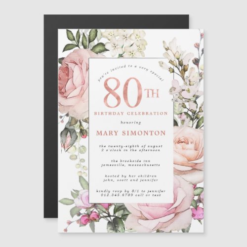 Blush Pink Rose Floral 80th Birthday Party Magnetic Invitation