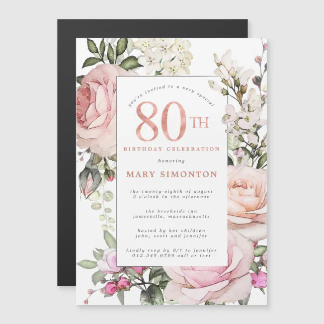 Blush Pink Rose Floral 80th Birthday Party Magnetic Invitation | Zazzle