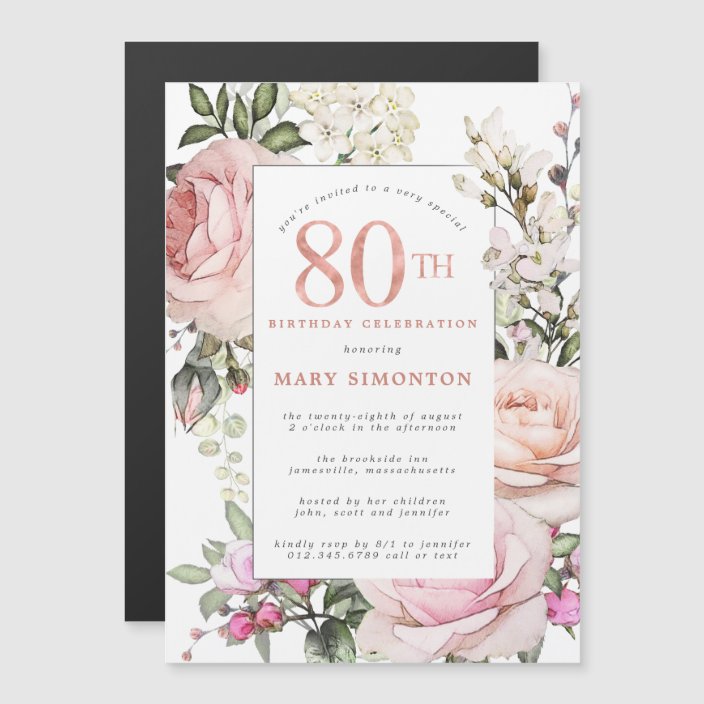 Blush Pink Rose Floral 80th Birthday Party Magnetic Invitation | Zazzle.com