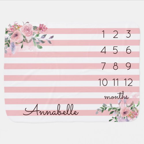 Blush Pink Rose Floral Baby Girl Monthly Milestone Baby Blanket