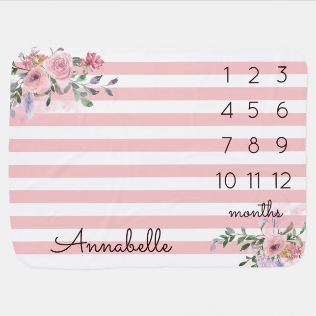 Blush Pink Rose Floral Baby Girl Monthly Milestone Blanket (Horizontal)