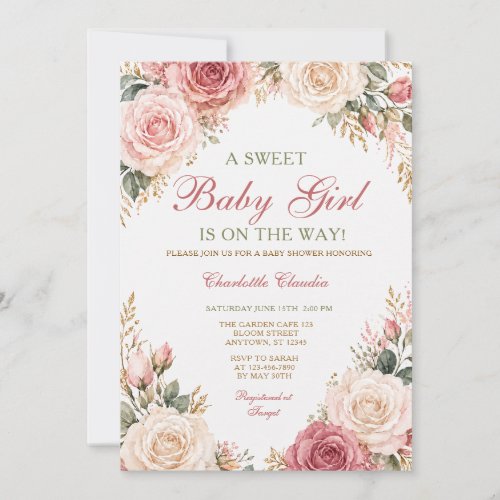 Blush Pink Rose Floral Baby Girl Shower Invitation