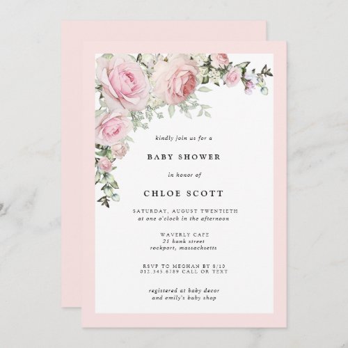 Blush Pink Rose Floral Baby Shower Invitation