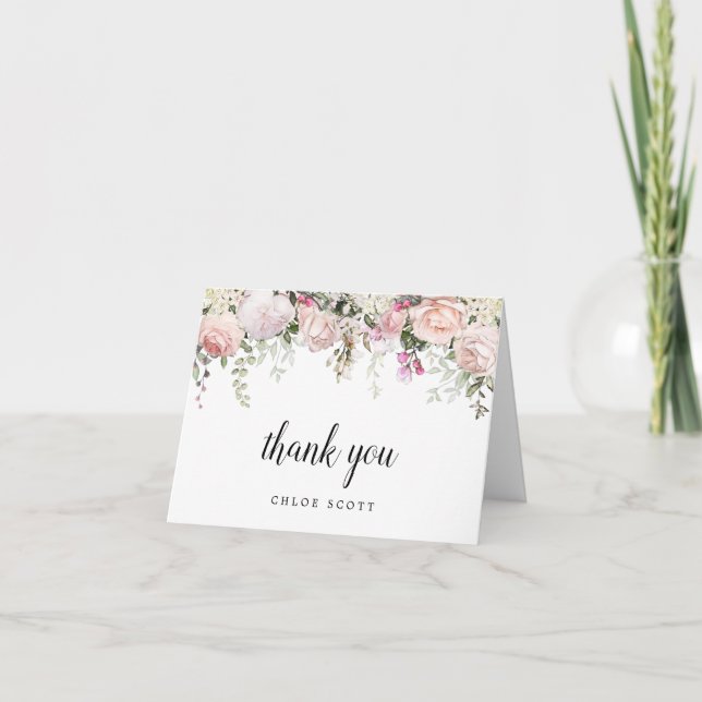 Blush Pink Rose Floral Baby Shower Photo Thank You Card (Front)