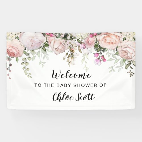 Blush Pink Rose Floral Baby Shower Welcome Banner