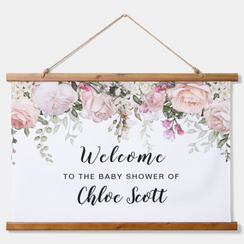 Blush Pink Rose Floral Baby Shower Welcome Hanging Tapestry