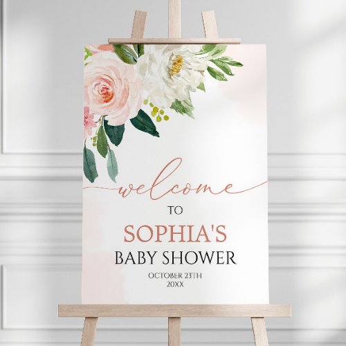Blush Pink Rose Floral Baby Shower Welcome Sign