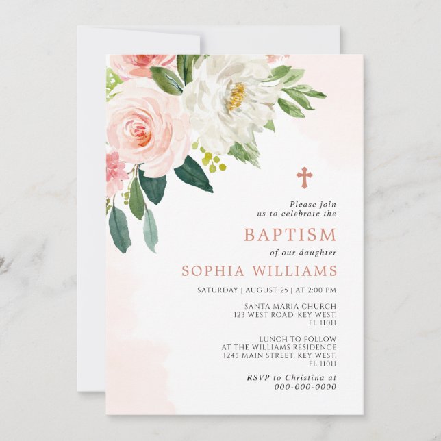 Blush Pink Rose Floral Baptism Invitation (Front)