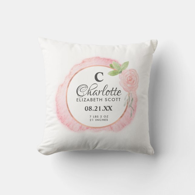 Blush Pink Rose Floral Birth Stats Throw Pillow (Front)