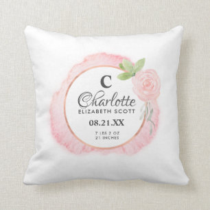 Blush Pink Rose Floral Birth Stats Throw Pillow