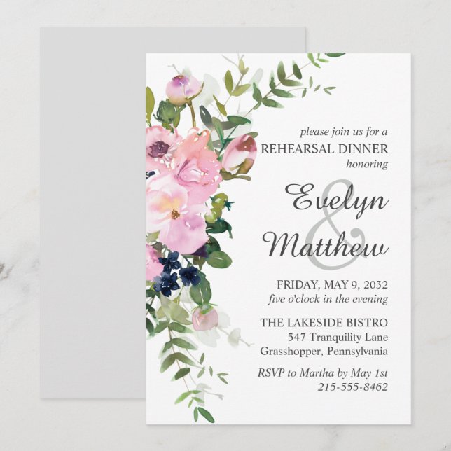 Blush Pink Rose Floral Bouquet Gray Rehearsal Invitation (Front/Back)