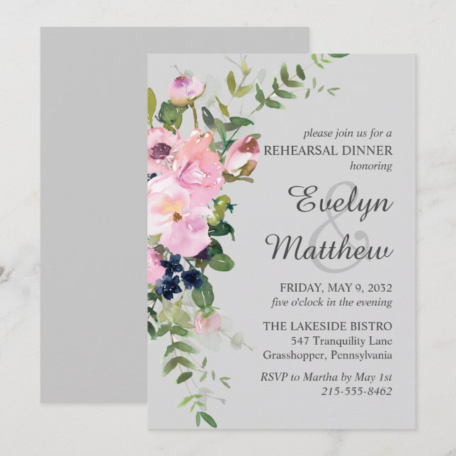 Blush Pink Rose Floral Bouquet Gray Rehearsal Invitation (Front/Back)