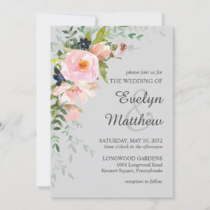 Blush Pink Rose Floral Bouquet on Gray Wedding Invitation