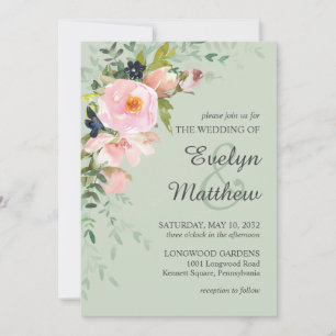 Blush Pink Rose Floral Bouquet on Sage Wedding Invitation