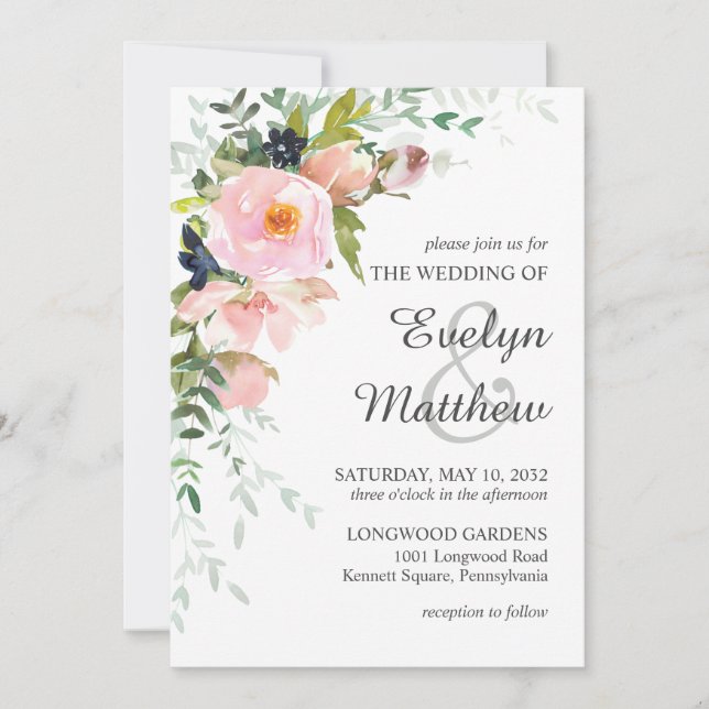 Blush Pink Rose Floral Bouquet on White Wedding Invitation (Front)